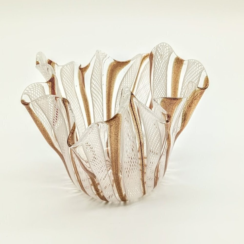 Murano Copper Aventurine White Latticino Handkerchief Glass Candle Holder